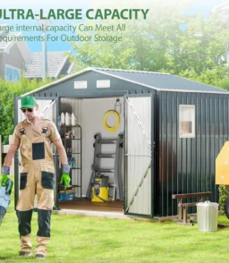 8x6FT Outdoor Steel Storage Shed with Clear Window. Lockable Doors. Weather-Resistant Metal Tool Shed for Garden. Backyard. Patio. and Utility Storage