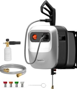 Giraffe Tools Grandfalls Retractable Pressure Washer G20 2500 PSI 2.2 GPM. 65FT Hose Reel. 4 Nozzles - Light Silver Case With Grey Pressure Hoses
