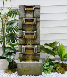 5-Tier Modern Cascading Indoor/Outdoor Fountain With LED Lights - Resin and Fiberglass
