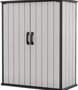 Keter Premier Tall Vertical Resin Outdoor Storage Shed With Floor And Locking Double Doors - Grey