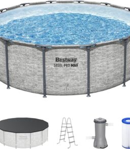 Steel Pro MAX 14 Foot x 48 Inch Round Steel Frame Above Ground Pool Set With 1.000 Filter Pump. Ladder And Cover - Gray