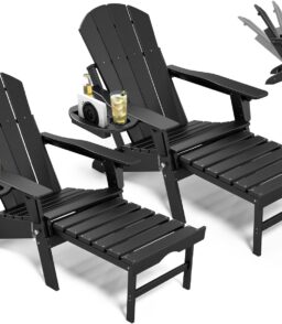 NAVINE Adjustable Folding Adirondack Chair Set Of 2 With Retractable Ottoman. Cup Holder And HDPE