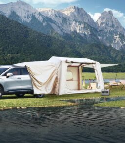 Beige Inflatable Camping Tent. 4-6 Person. 118in L x 98.5in W x 83in H. 4-Season. Oxford