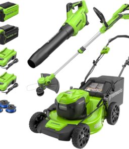 Greenworks 40V 20in Cordless Push Lawn Mower Bundle With 500 CFM Blower. 12in String Trimmer. 5Ah And 2Ah Batteries