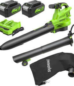 Greenworks 48V (24V x 2) Cordless Brushless Leaf Blower Vacuum Mulcher. 520 CFM / 240 MPH With 2 4.0Ah Batteries And Dual Port Charger