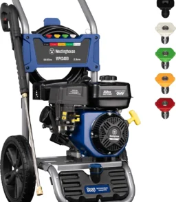 WPX3400 Gas Pressure Washer. 3400 PSI and 2.6 Max GPM. Onboard Soap Tank. Spray Gun and Wand. 5 Nozzle Set. for Cars/Fences/Driveways/Homes/Patios/Furniture