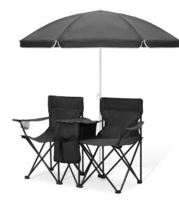 Magshion Portable Double Folding Camping Chair With Removable Umbrella. Cooler Bag And Carry Bag. Black