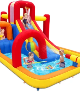 Inflatable Water Slide. 10 in 1 Water Park Bounce House with Blower. Splash Pool. 2 Slides. Water Cannon. Climbing Wall. Blow up Water Slides for Kids Outdoor Backyard