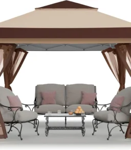 CROWN SHADES 13x13 Pop Up Gazebo. Canopy Tent. Gazebos on Clearance - Outdoor Gazebo for Backyard & Patio Furniture - Carpa Pop Up Tent with Wheeled STO-N-Go Cover Bag (Beige & Coffee)