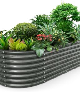 A ANLEOLIFE Galvanized Oval Raised Garden Bed Kit. 8x4x2ft. Quartz Grey