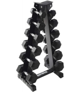 Inspire Fitness Rubber Dumbbell Set. 210 lb (5-30 lb). 6 Pair Vertical Rack