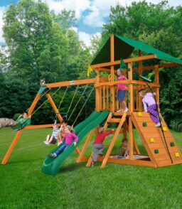 DIY Wooden Outdoor Playset With Tarp Roof. Rock Wall. Wave Slide. 3 Swings - Outing III