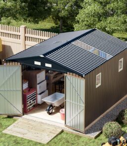 Breezz Outdoor Metal Storage Shed 10 x 12ft Brown - Lockable Doors And Windows