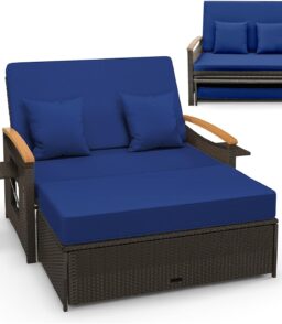 Moccha Outdoor Wicker Daybed. Patio Rattan Loveseat Sofa w/ 4-Level Adjustable Backrest. Folding Panels. Storage Ottoman & Cushions. Lounge Furniture Set for Poolside Backyard Porch (Beige)
