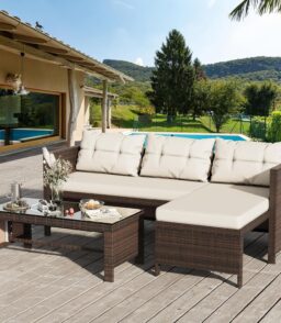 Outdoor Patio Furniture Sets. Wicker Patio sectional Sets 3-Piece. All Weather Wicker Rattan Patio Seating Sofas with Glass Coffee Table and Cushion (Beige)
