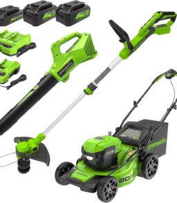 Greenworks 48V (24V x 2) 20in Cordless Battery Mower. 12in String Trimmer/Edger And 320 CFM Blower Combo Kit - 4.0Ah Batteries