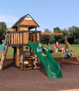 Backyard Discovery Canyon Creek Cedar Wood Swing Set With Wave Slide. Clubhouse. Play Kitchen. 183 x 188 x 119 Inches