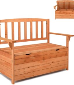 Outvita Outdoor Wood Storage Bench Loveseat With Armrests - 2 Person