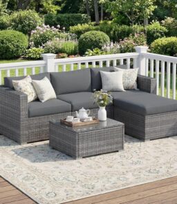 Wisteria Lane 5-Piece Outdoor Wicker Rattan Sectional Conversation Set With Cushions And Glass Coffee Table - Grey