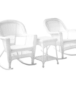 Jeco Resin Wicker Outdoor Patio Rocker Chair And End Table Set. 3-Piece. White