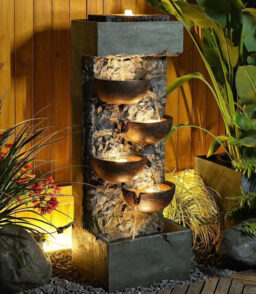 Floor Standing Cascading Bowl Water Fountain With LED Lights. 15.6 inch L x 13.2 inch W x 43 inch H