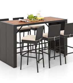 Costway 7-Piece Outdoor Patio Bar Set With Acacia Wood Tabletop. Black And Off White - 73in x 31.5in x 43.5in