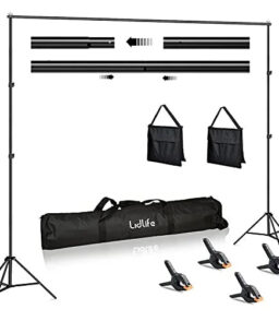 Lidlife Adjustable Photography Backdrop Stand Kit. 6.5 x 10ft - With 4 Spring Clamps. Sand Bag And Carry Bag